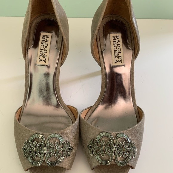 Badgley Mischka Taupe Leather Pumps with Rhinestone Embellishment - Picture 2 of 5